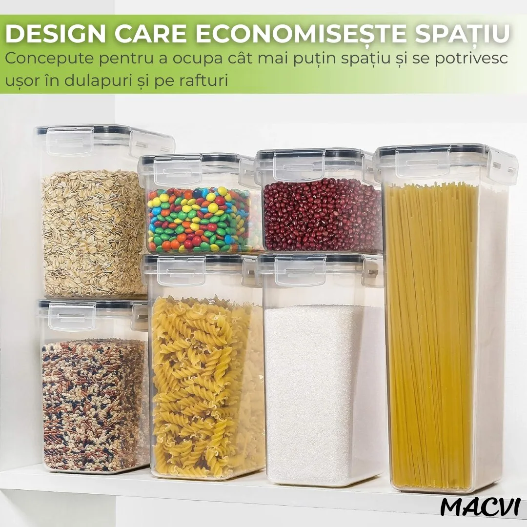 Set 7 organizatoare/recipiente Macvi® pentru depozitare alimente, etichete incluse, organizare bucatarie, capac etans, plastic fara BPA - imagine 3