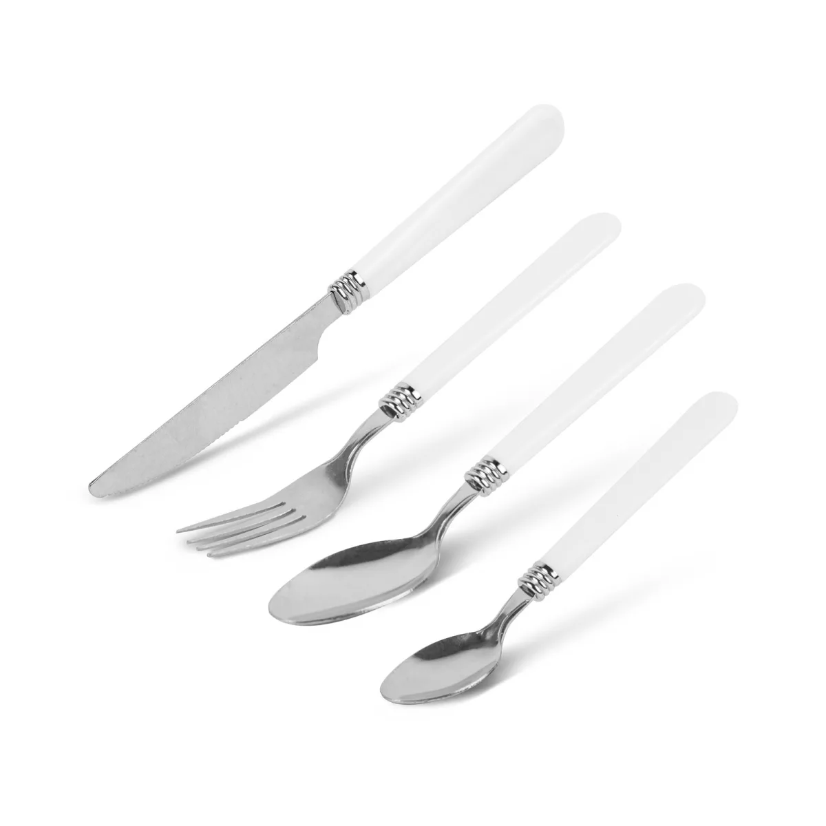 Set tacamuri 16 piese cu suport sertar, inox si plastic, alb, linguri furculite cutite lingurite