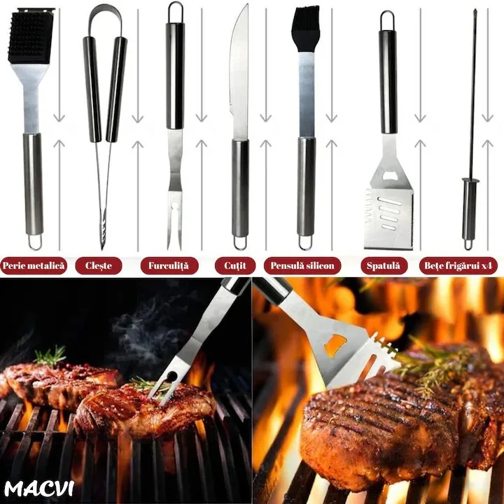 Set 10 ustensile pentru gratar Macvi® din otel inoxidabil premium, geanta transport aluminiu captusita, accesorii pentru un gratar reusit - imagine 3