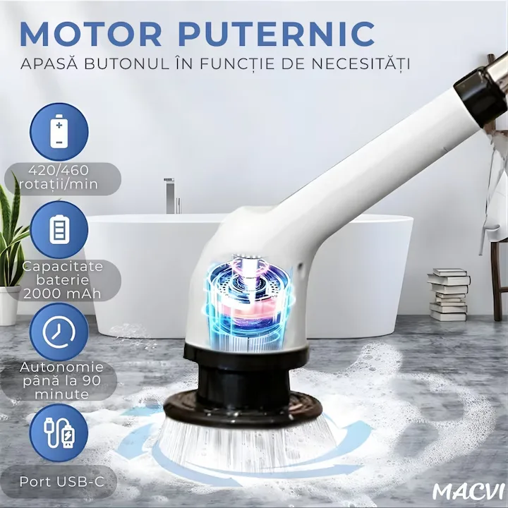 Perie electrica rotativa Macvi® 9 in 1 cu 9 capete interschimbabile, 2 viteze reglabile, wireless, IPX7, maner extensibil, autonomie mare, LED - imagine 4