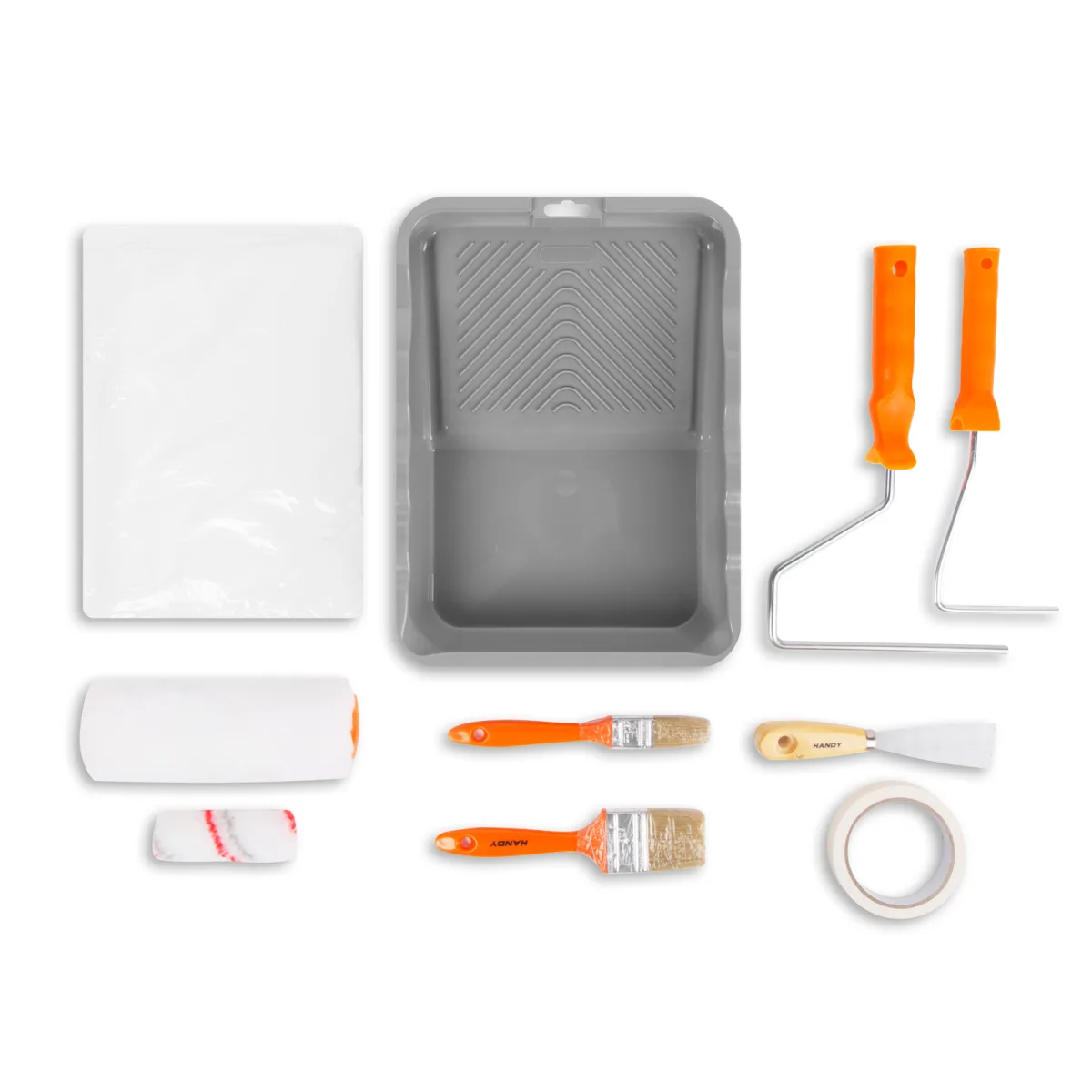 Set vopsit, 10 piese, role poliester, pensule, tava vopsea, banda mascare, folie protectie, spatula, pentru renovare pereti