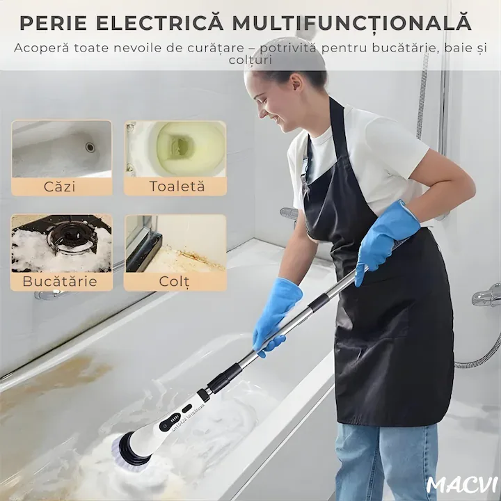 Perie electrica rotativa Macvi® 9 in 1 cu 9 capete interschimbabile, 2 viteze reglabile, wireless, IPX7, maner extensibil, autonomie mare, LED - imagine 2
