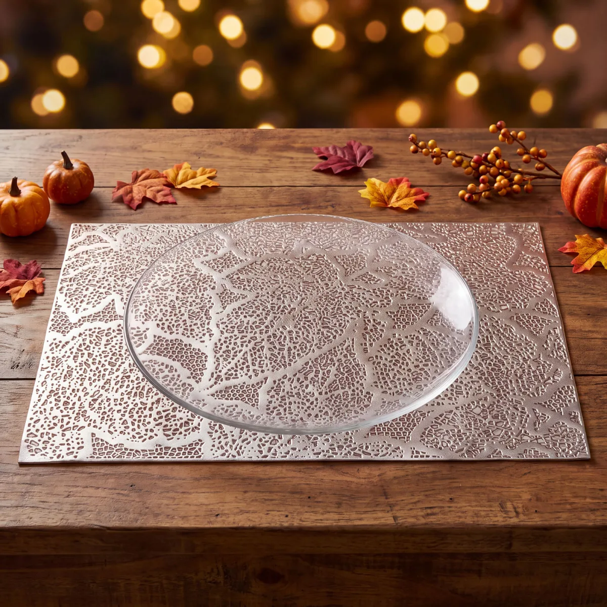 Suport farfurie decorativ cu model frunze, PVC, 45 x 30 cm, argintiu
