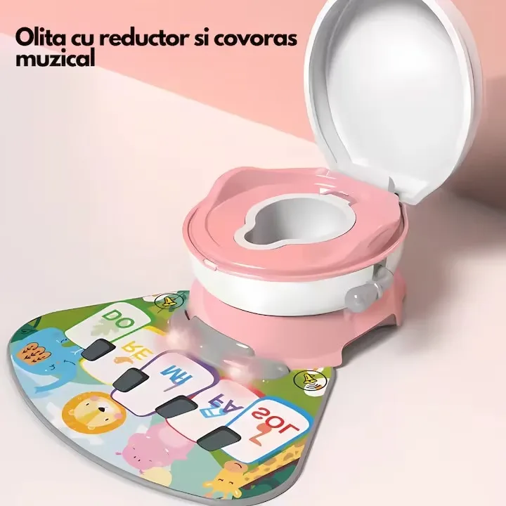 Olita copii cu covoras muzical Macvi® colac moale, margini rotunjite, anti-stropire, reductor si vas colector, roz pal - imagine 2