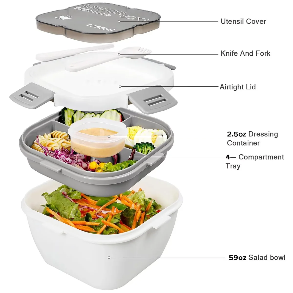 Caserola Alimentara Macvi® 1.7L cu 4 Compartimente si Recipient Sos Lunch Box BPA Free, Alb - imagine 5