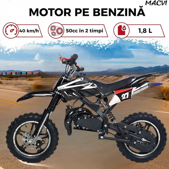 Motocicleta cross Macvi® pentru copii 49cc cu roti groase pornire usoara si motor pe benzina ideala pentru off road, Negru - imagine 3