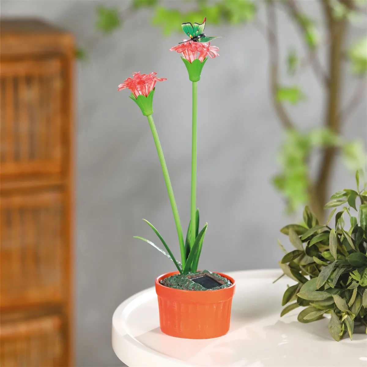 Lampa solara, floare rosie, 10 LED, alb cald, 8 x 8 x 32 cm, iluminat decorativ gradina, cu tarus, IP44 - imagine 2