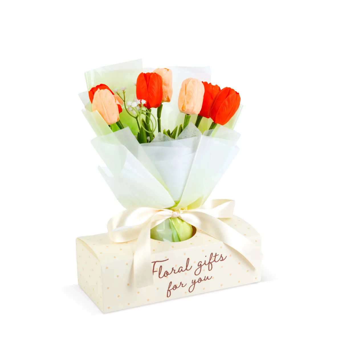 Lalele artificiale decorative in sac cadou 40 cm, flori roz realiste pentru cadou elegant