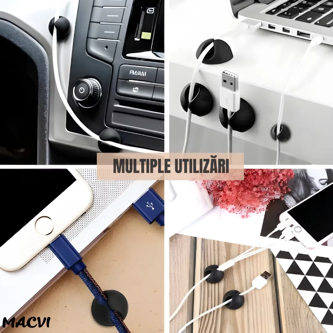 Set Macvi® suport organizare cabluri, 10 bucati, 5 dimensiuni diferite, autoadeziv, negru - imagine 4