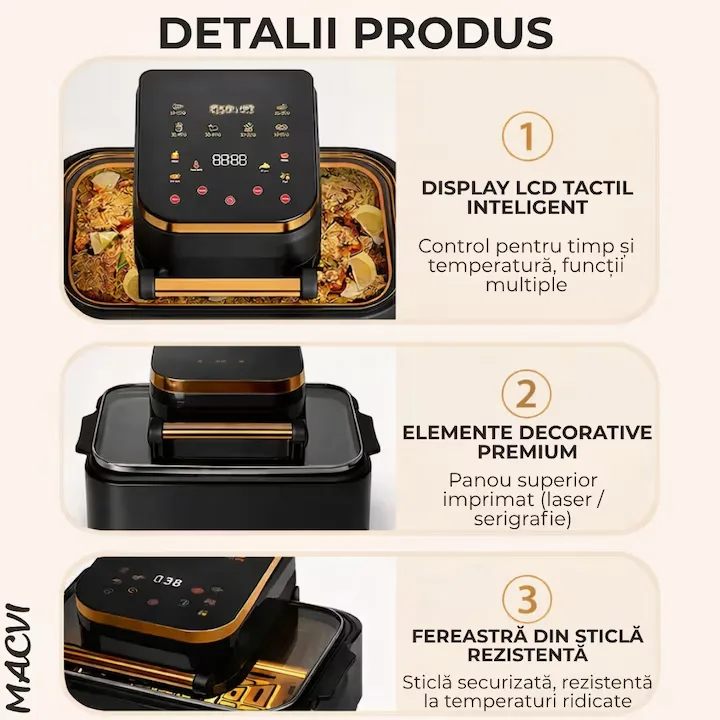Friteuza cu aer cald digitala 3 in 1 Macvi® fara ulei 12 L 1700W control touch 11 programe LED negru auriu - imagine 3