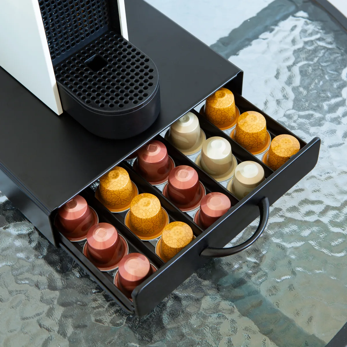 Suport capsule cafea Nespresso 50 capsule, metal cu sertar, negru mat, organizator pentru espressor