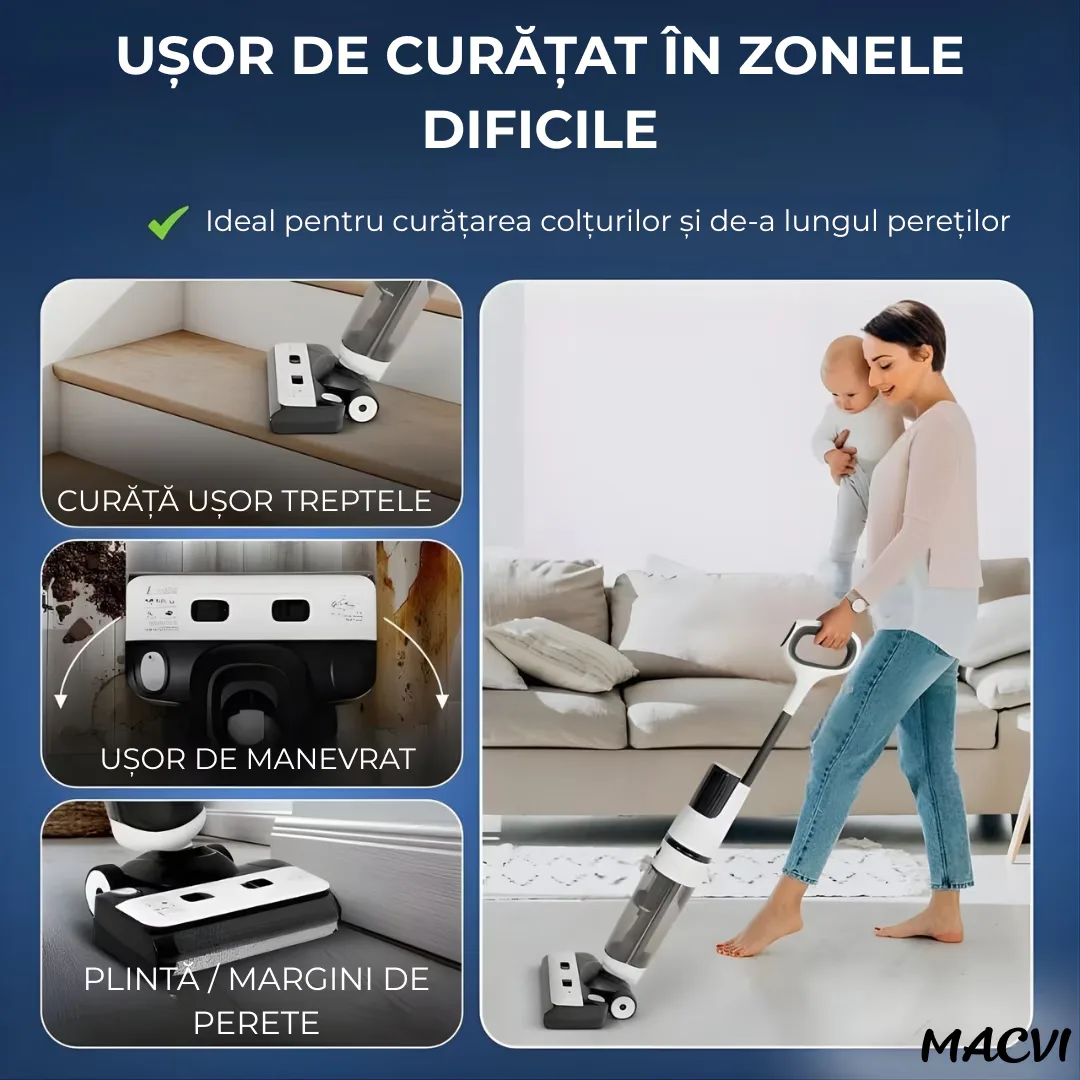 Aspirator Vertical cu Spalare Macvi® OZ01 Pro Fara Fir Autocuratare, Dezinfectare Apa, Putere 12000Pa, Autonomie 60 Min Ecran LED 2 Rezervoare - imagine 2