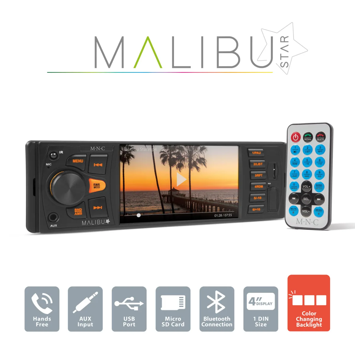 Player auto 1 DIN Malibu Star, Bluetooth, ecran 4 inch, USB SD AUX, 4x50W