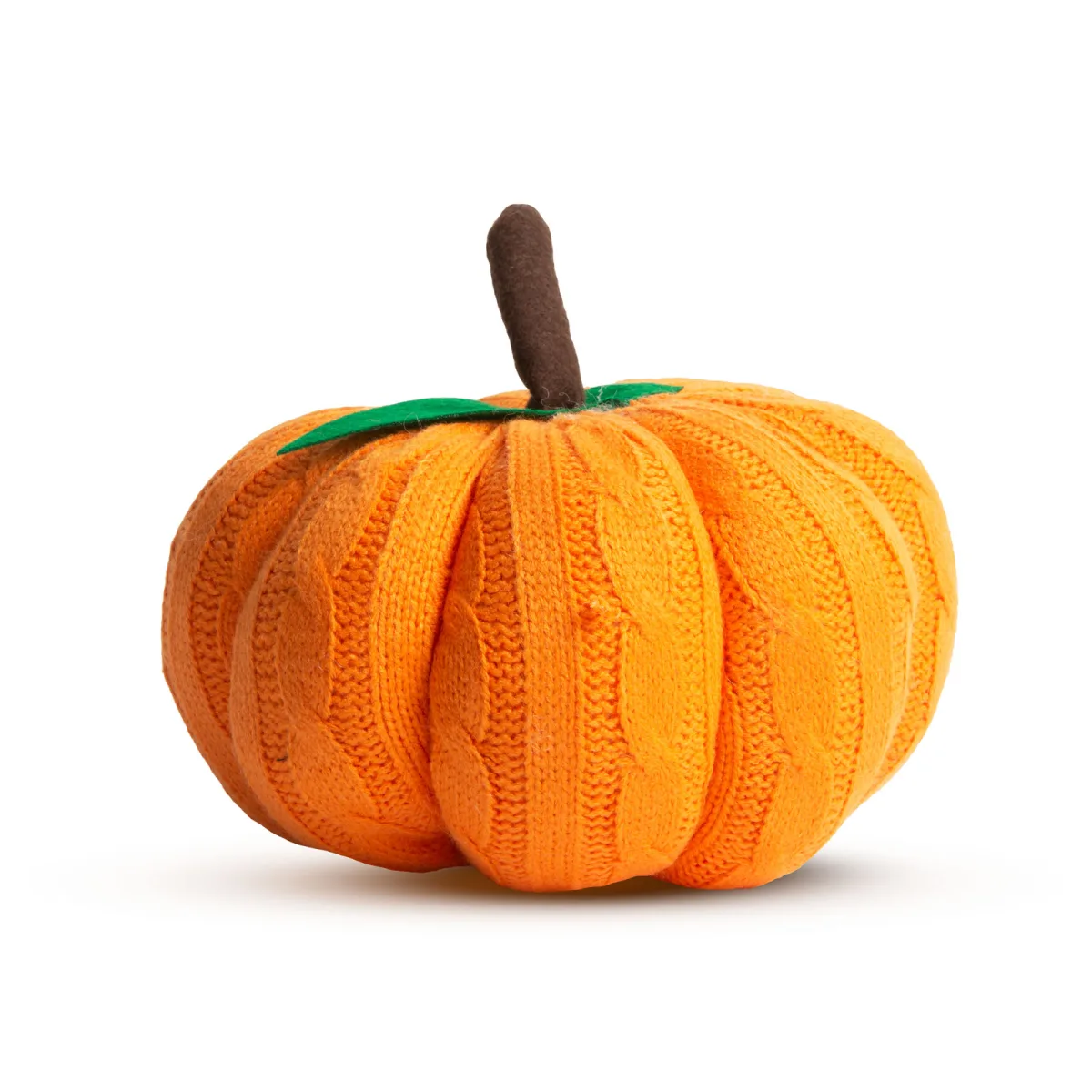 Decor dovleac Halloween portocaliu textil, 20x20x18 cm, frunze verzi