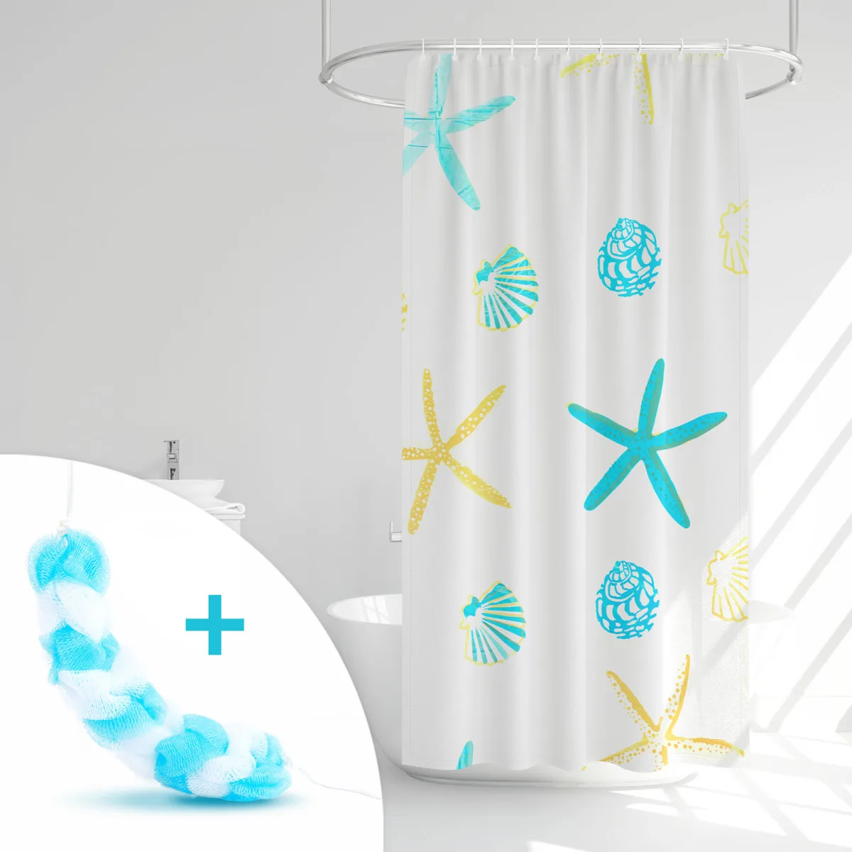 Set cortina de dus, 180x180 cm, 3 modele, albastru /verde cu inele anti-BPA, usor de curatat