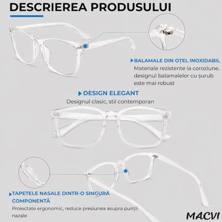 Ochelari Protectie Calculator Macvi® Anti Lumina UV400 Albastra, Anti Reflexie, Unisex, Transparent pentru Telefon, Laptop, Gaming - imagine 2