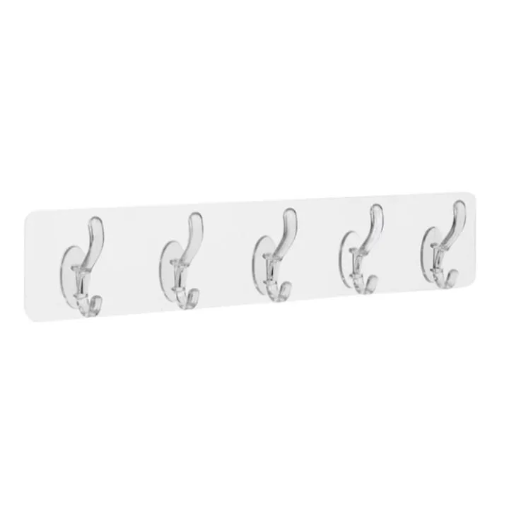 Suport autoadeziv baie sau bucatarie Macvi®, transparent, plastic rezistent, 5 carlige multifunctionale, 35 x 7 cm