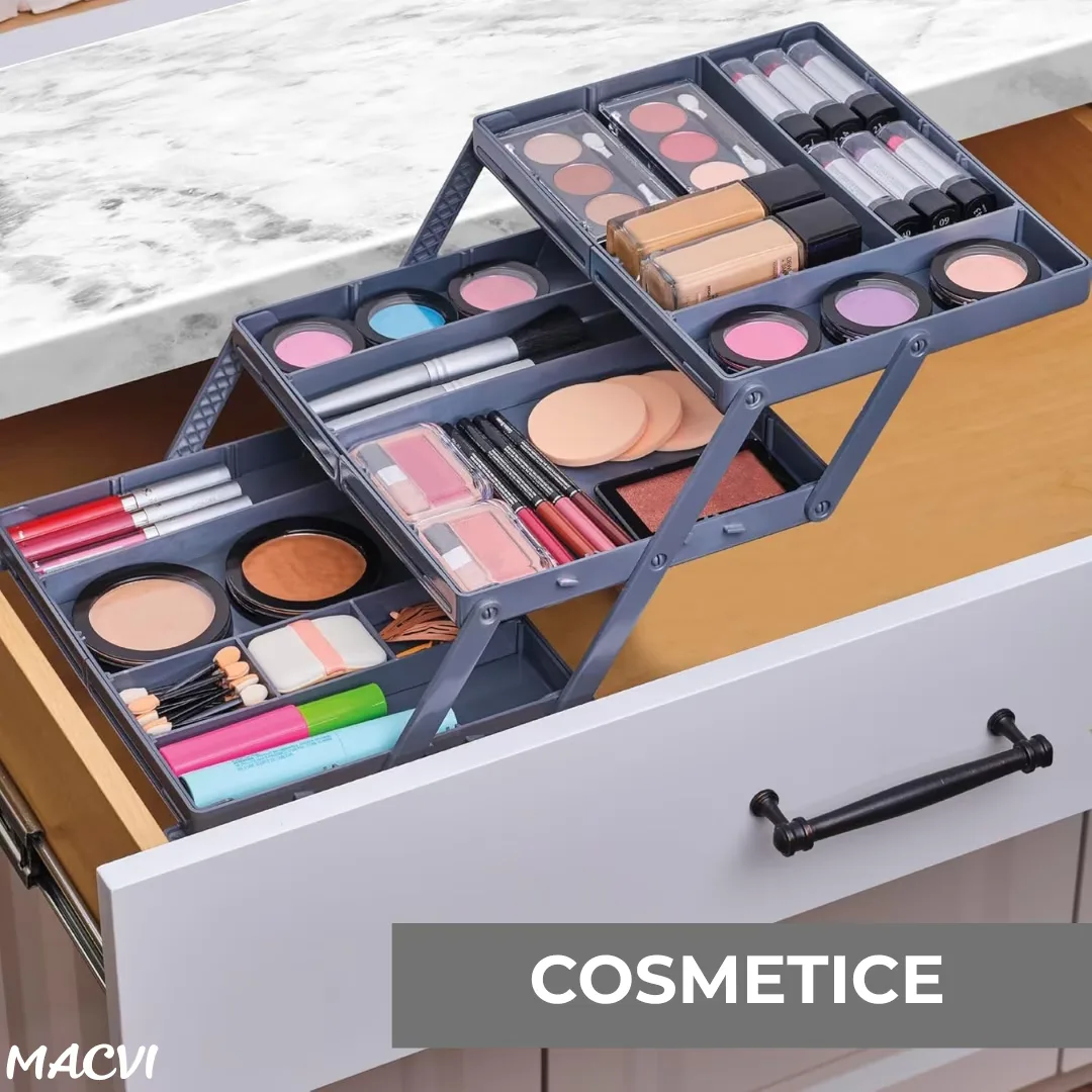 Macvi® Organizator Sertar Extensibil pe 3 nivele pentru Bijuterii si Cosmetice, 24, 13 x 19, 05 x 6, 99 cm, Negru, Sistem Reglabil cu Compartimente - imagine 4