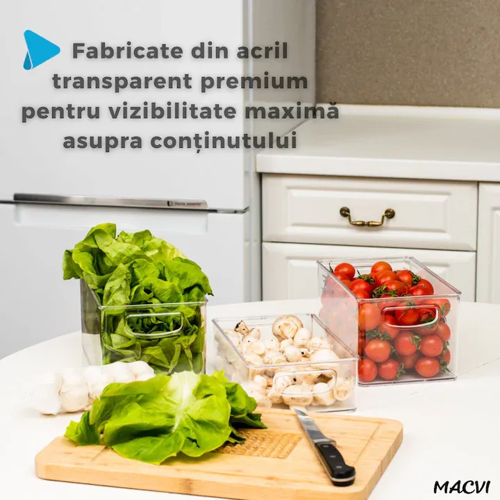 Set 12 organizatoare Macvi® pentru frigider, ABS durabil, fara BPA, stocabile, cu manere integrate, 26×15 cm, transparente - imagine 2