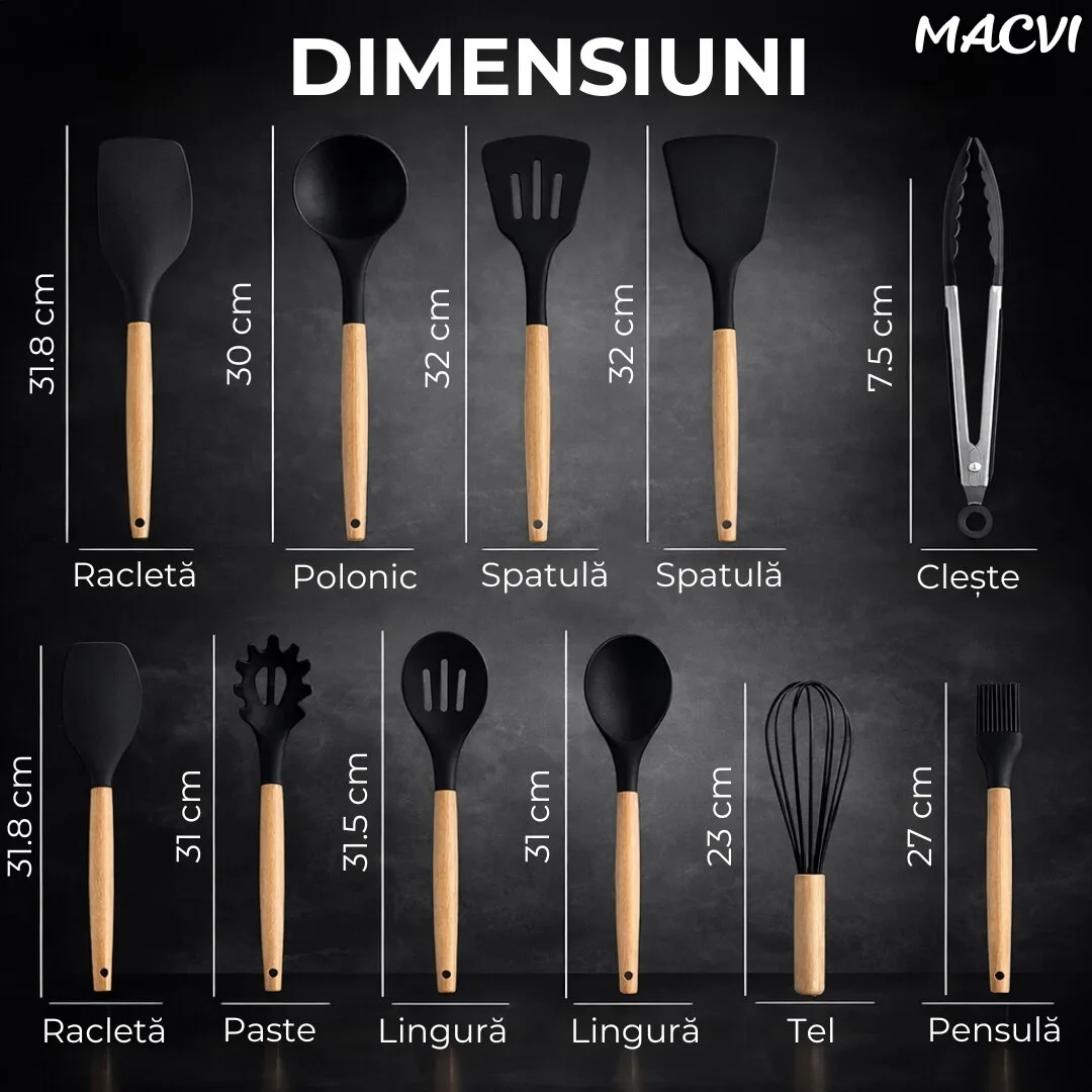 Set Ustensile Bucatarie Macvi® 19 Piese Silicon Termorezistent si Bambus, Cutite Inox, Suport Organizator Compact, Design Negru Elegant - imagine 2