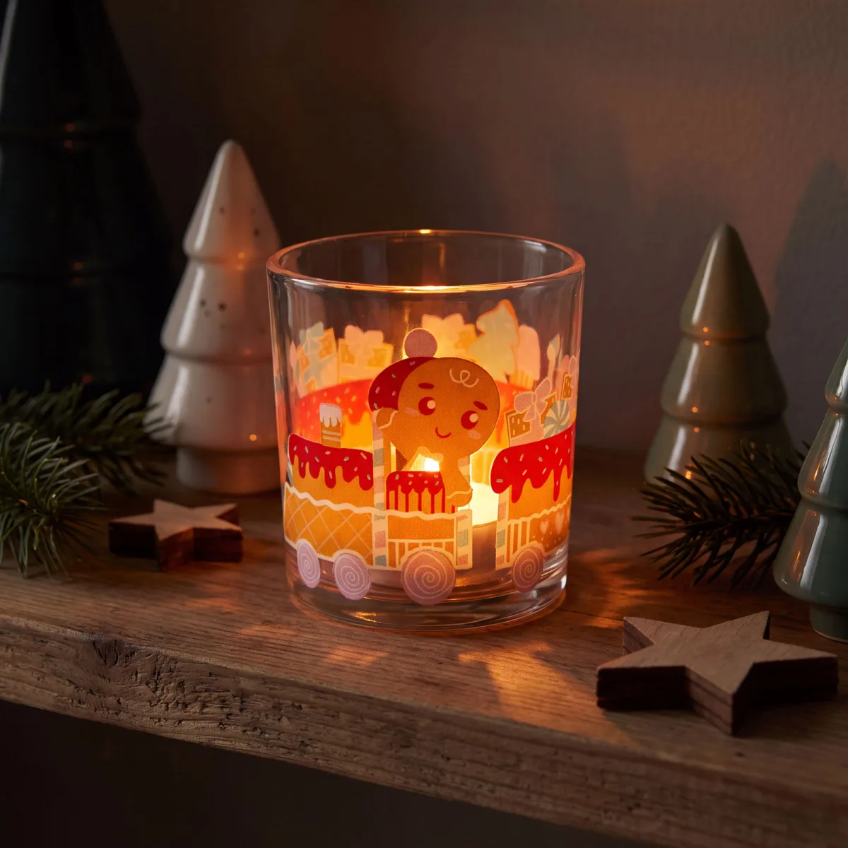 Suport lumanare de Craciun din sticla, pentru pastila tip tealight, 8 x 7 cm, 3 modele - imagine 3