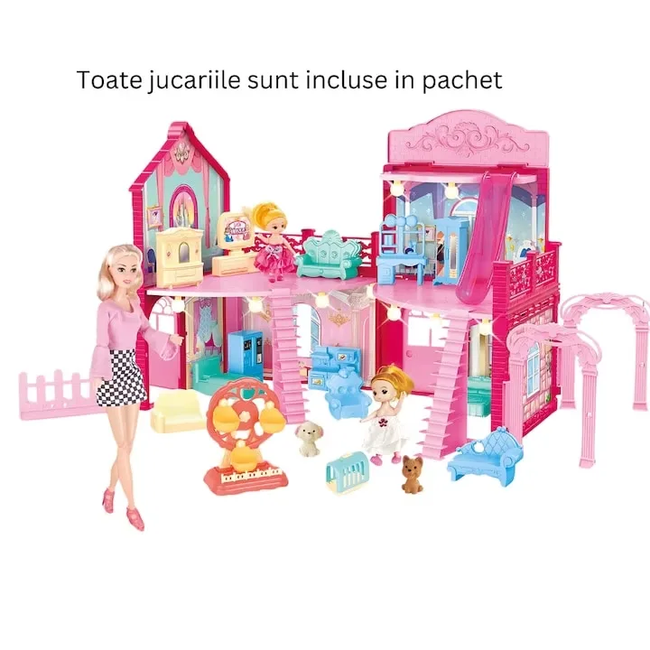 Casuta pentru Papusi Macvi® cu Mobilier si Accesorii Roz Joc Educativ Copii 3 Ani+ - imagine 3