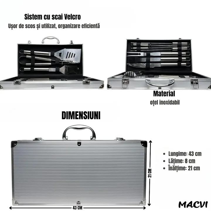 Set 10 ustensile pentru gratar Macvi® din otel inoxidabil premium, geanta transport aluminiu captusita, accesorii pentru un gratar reusit - imagine 4