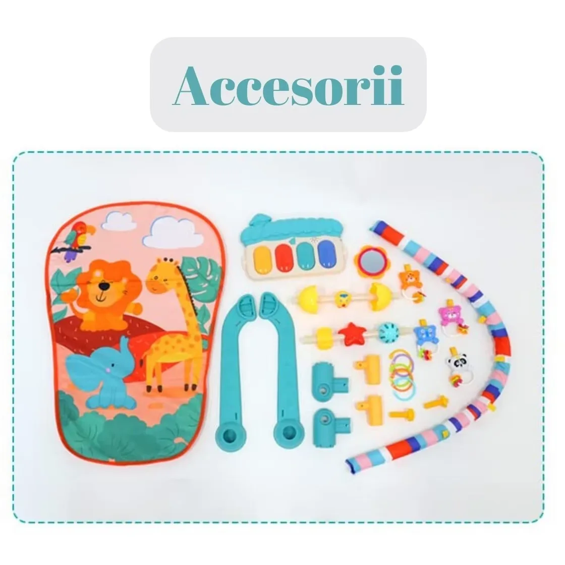Centru de activitate si covoras bebelusi Macvi®, pian muzical interactiv, 5 jucarii detasabile, lavabil, educativ, 0-12 luni, multicolor - imagine 4