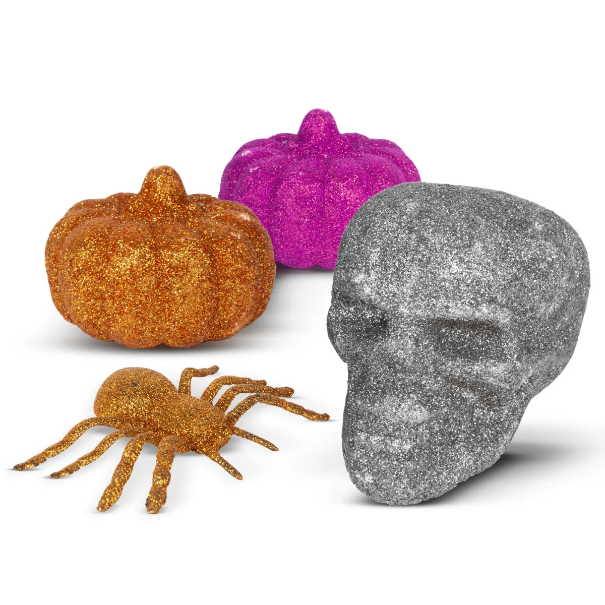 Set decor Halloween paianjen craniu si dovleci cu sclipici, 4 bucati