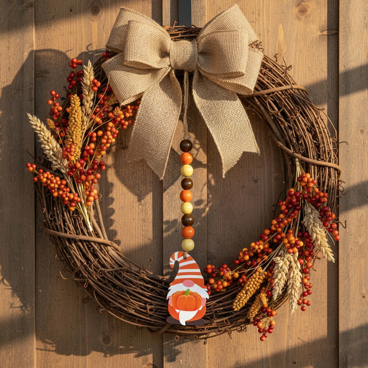 Decoratiune spiridus cu dovleac, 31 cm, lemn suspendabil, stil scandinav rustic cu snur iuta