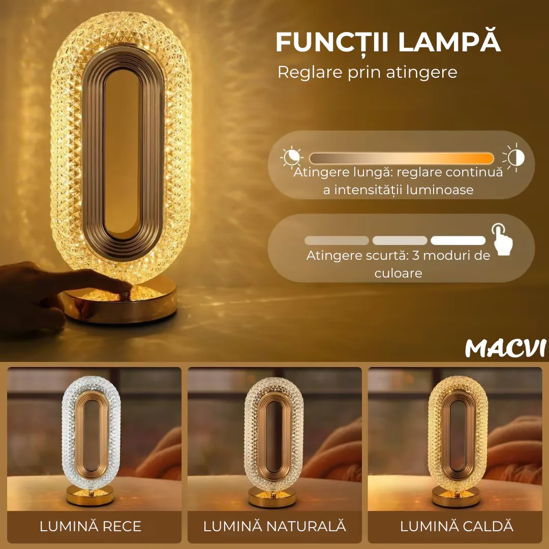 Lampa de masa Macvi® tip cristal eleganta, 3 culori, control touch, reincarcabila prin USB, acrilic modern - imagine 3