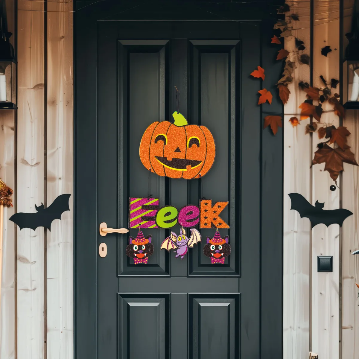 Decor Halloween, dovleac agatat, spuma, portocaliu, mov, negru, sclipitor, 45x23 cm