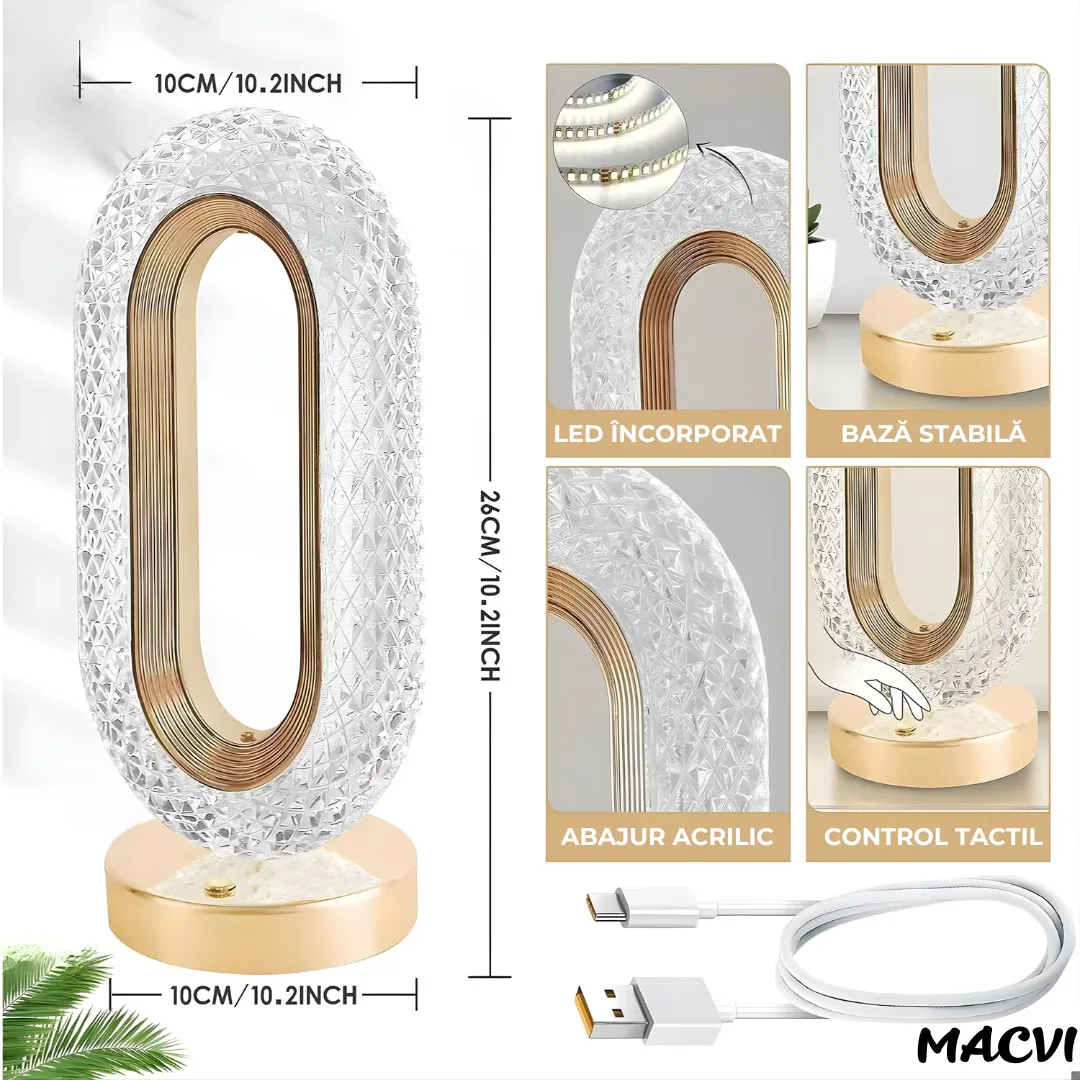 Lampa de masa Macvi® tip cristal eleganta, 3 culori, control touch, reincarcabila prin USB, acrilic modern - imagine 2