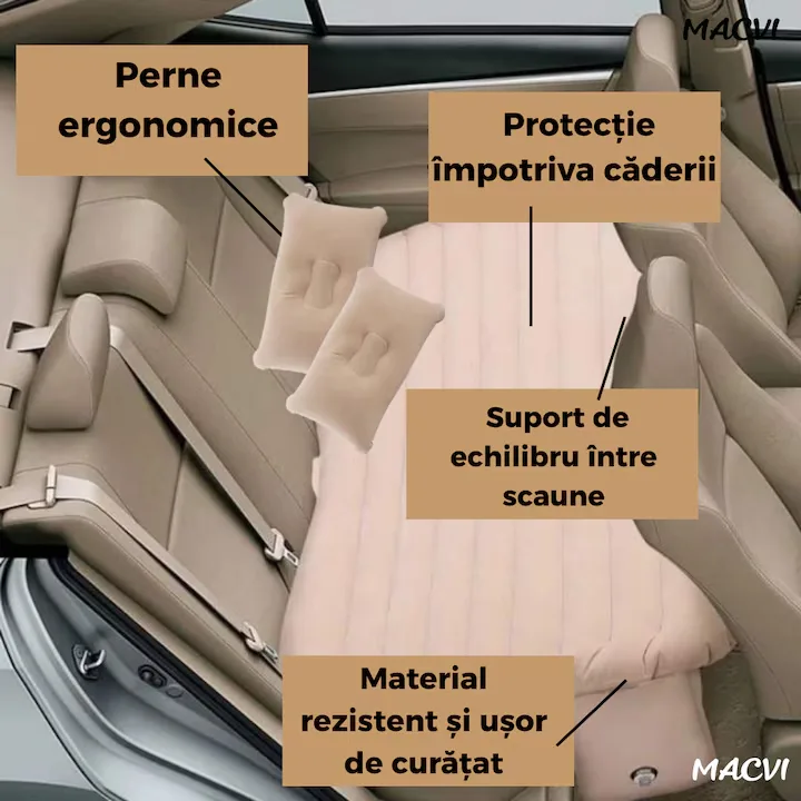 Saltea Gonflabila Auto Macvi® cu Perne si Suport de Echilibru, Ideala pentru Bancheta din Spate, Camping, Calatorii si Relaxare, Bej - imagine 2