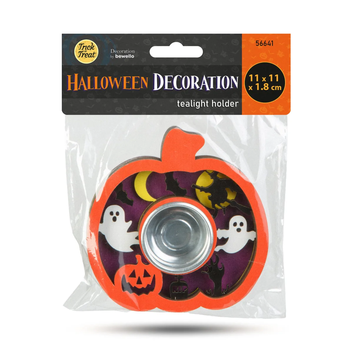 Suport lumanare Halloween, forma dovleac, MDF si metal, 11 x 11 x 1,8 cm, portocaliu - imagine 4