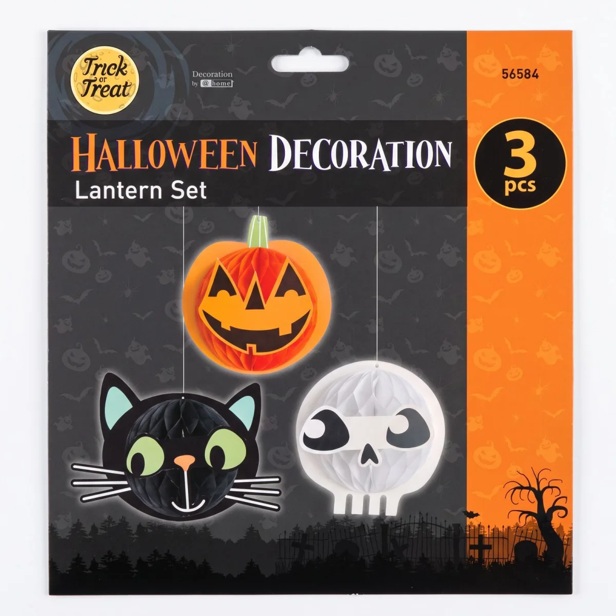 Decor Halloween, set lampioane, dovleac, pisica, craniu, hartie, 20 cm, 3 buc/set - imagine 3