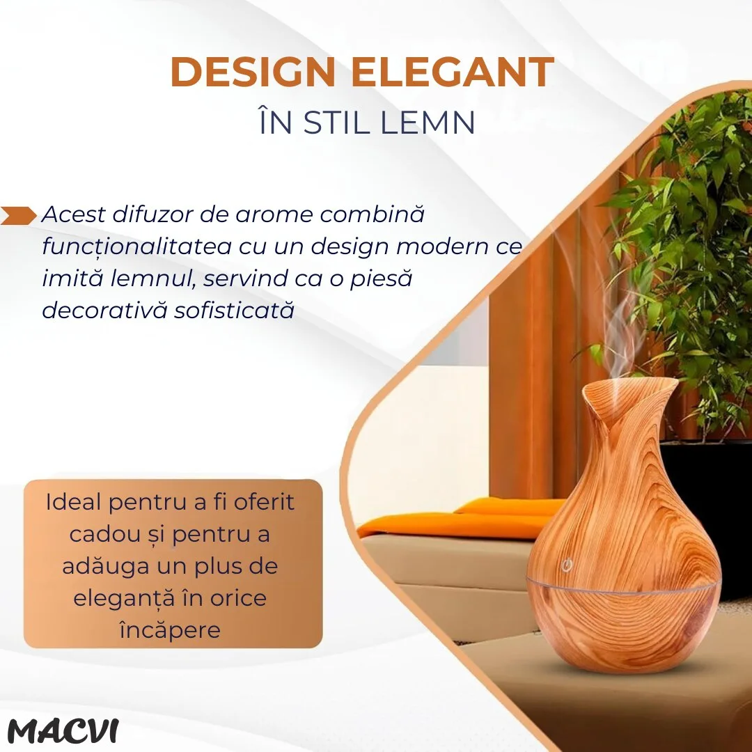 Difuzor Aromaterapie Macvi® cu Umidificator, ultrasunete, forma de vaza, buton touch, bej , LED 7 culori, 130 ml - imagine 5