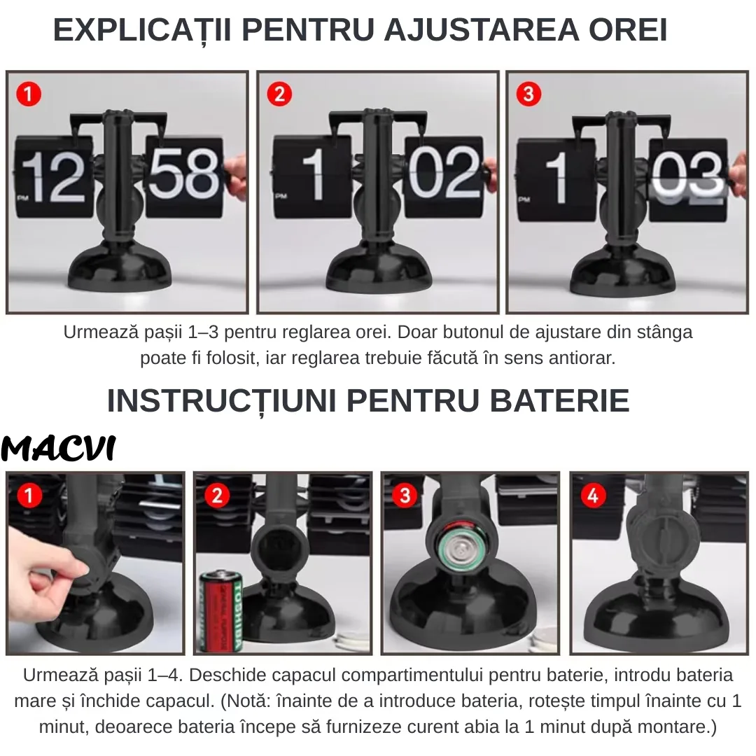 Ceas flip Macvi® retro, numere mari, din otel inoxidabil, alimentat cu baterii, decor pentru living, negru clasic, design vintage, suport de metal - imagine 4