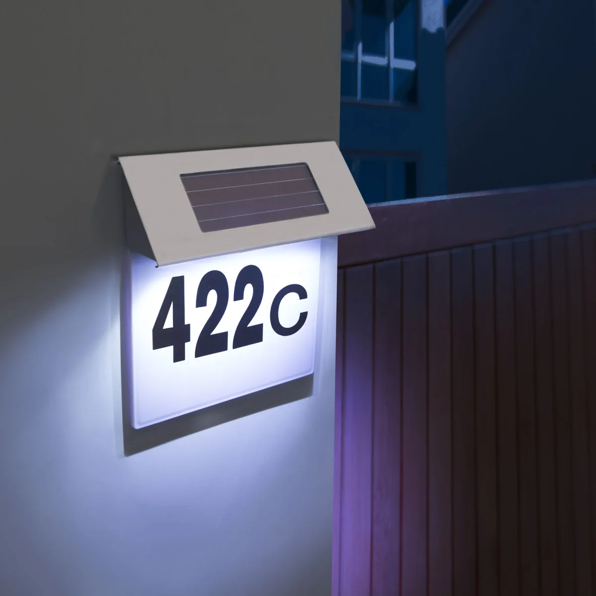 Lampa solara numar casa inox, 19 cm, 4 LED alb rece, iluminare adresa, exterior, senzor lumina
