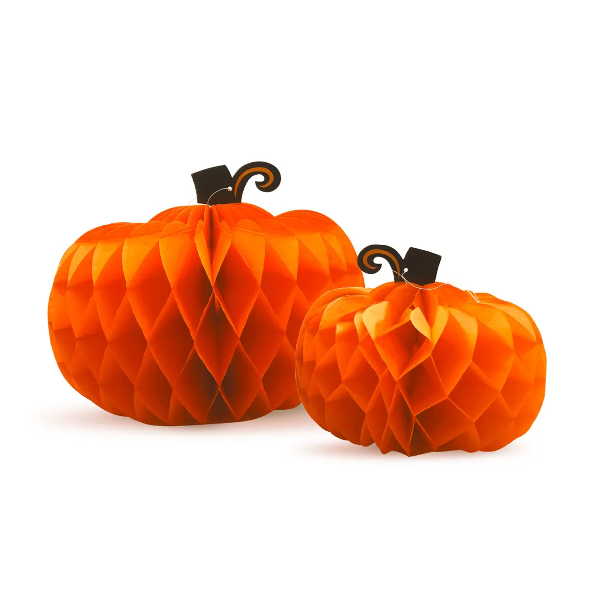 Decor Halloween, lampion dovleac, hartie, portocaliu, 25 si 30 cm, 2 buc/set, usor de asamblat - imagine 2