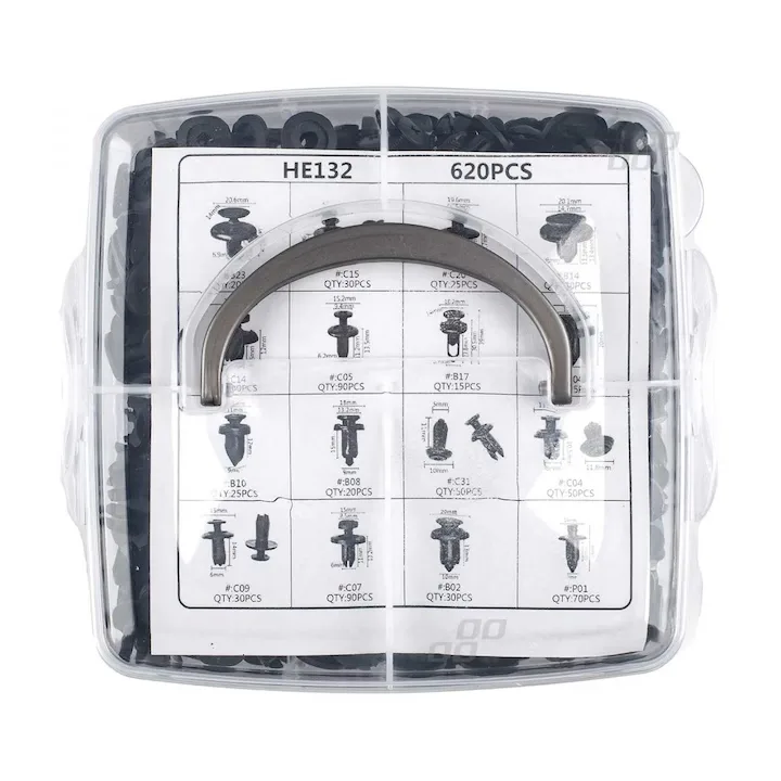 Set Cleme Auto 620 Piese Macvi, 16 Tipuri, Plastic Rezistent, Cutie Organizare