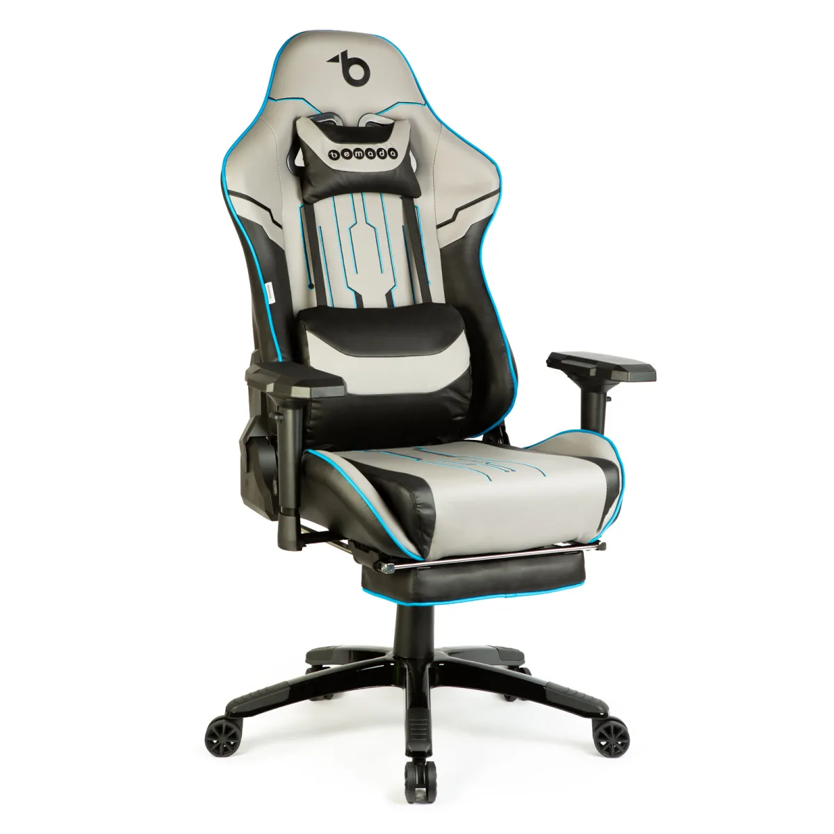 Scaun gaming ergonomic reglabil, cu suport picioare si perne, rabatabil 180°, gri negru albastru, 150 kg