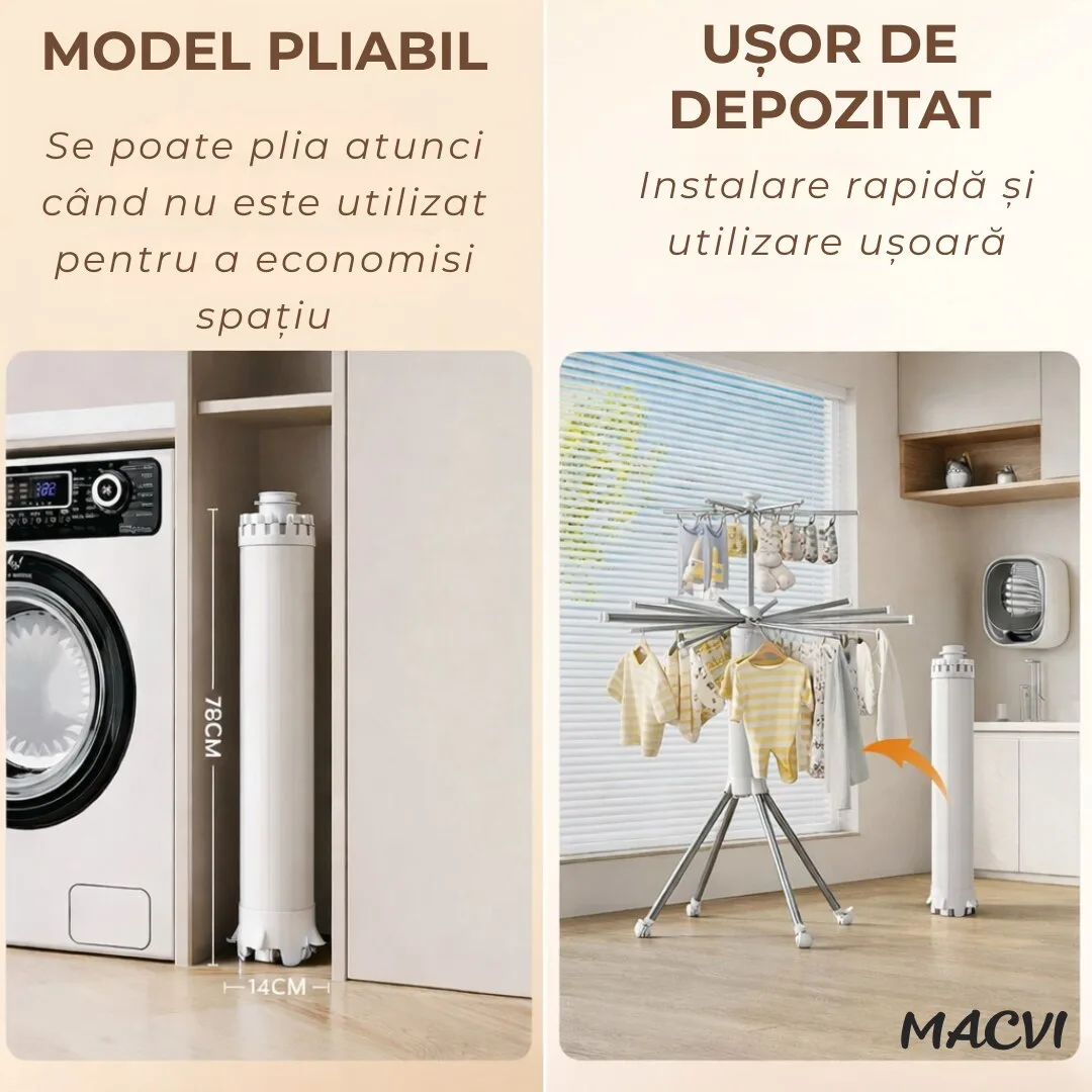 Uscator de rufe vertical Macvi®, 2 nivele, pliabil, mobil, suport umerase, 16 tije, 24 cleme, 170 cm, uscare 360° - imagine 5