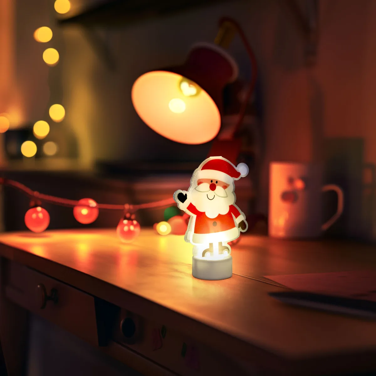 Decoratiune LED, Mos Craciun, alb cald, ornament luminos cu baterii