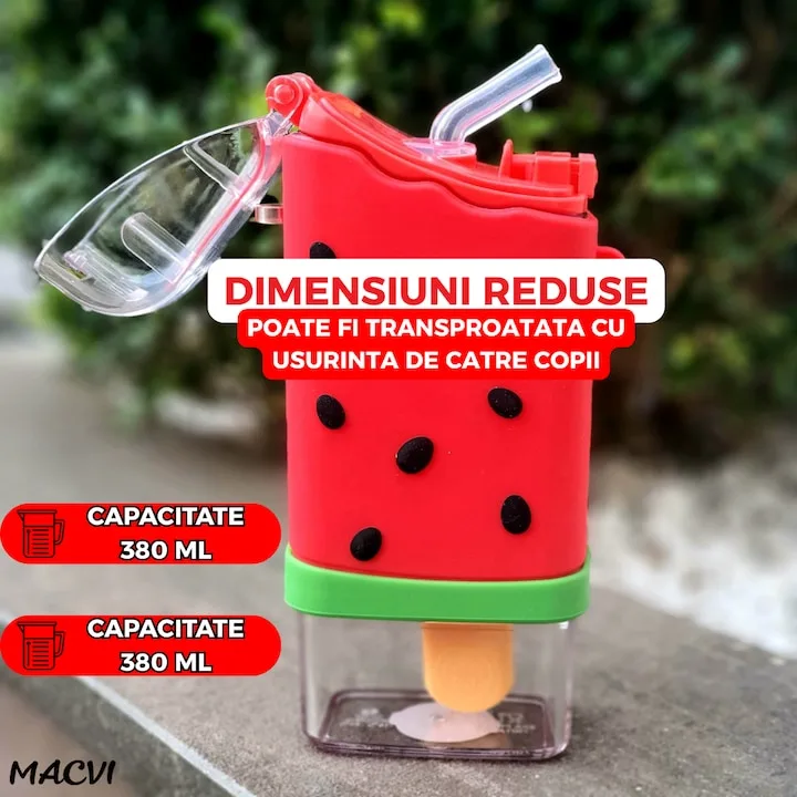 Sticla de Apa pentru Copii Macvi® Forma Inghetata Pepene, 300 ml, Fara BPA, Anti-Scurgere, Capac Etans, Pai Incorporat, Usor de Curatat, Rosu - imagine 2