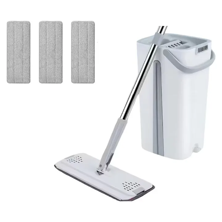 Set mop profesional Macvi® cu galeata si 3 lavete din microfibra, functie de autostoarcere din plastic si metal pentru podele, Alb