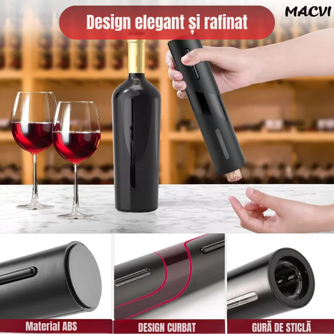 Set Electric Macvi® Deschizator de Vin 5-in-1, Cu Incarcare USB, Foil Cutter, Aerator, Dop Vacuum, Negru, Design Elegant si Portabil - imagine 3