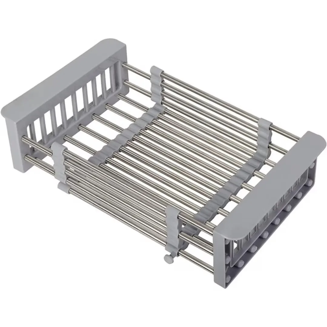 Cos de scurgere pentru chiuveta mica Macvi®, inox si plastic alimentar, 46x22 cm, extensibil, pentru legume, fructe si vase