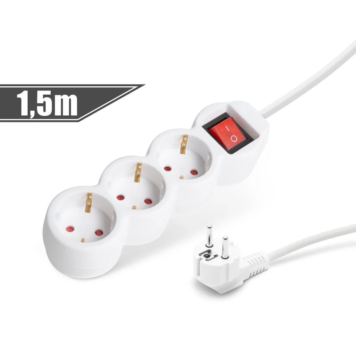 Prelungitor 3 prize Schuko, 1.5m, cu intrerupator, 16A, protectie copii, alb