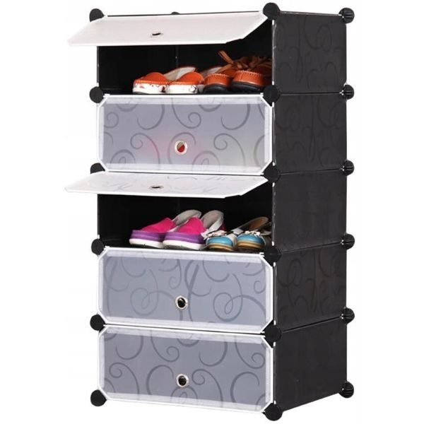 Dulap Modular pentru Depozitarea Pantofilor, 5 Rafturi, Maxim 15 Kg, Plastic, 37 x 49 x 93 cm, Negru